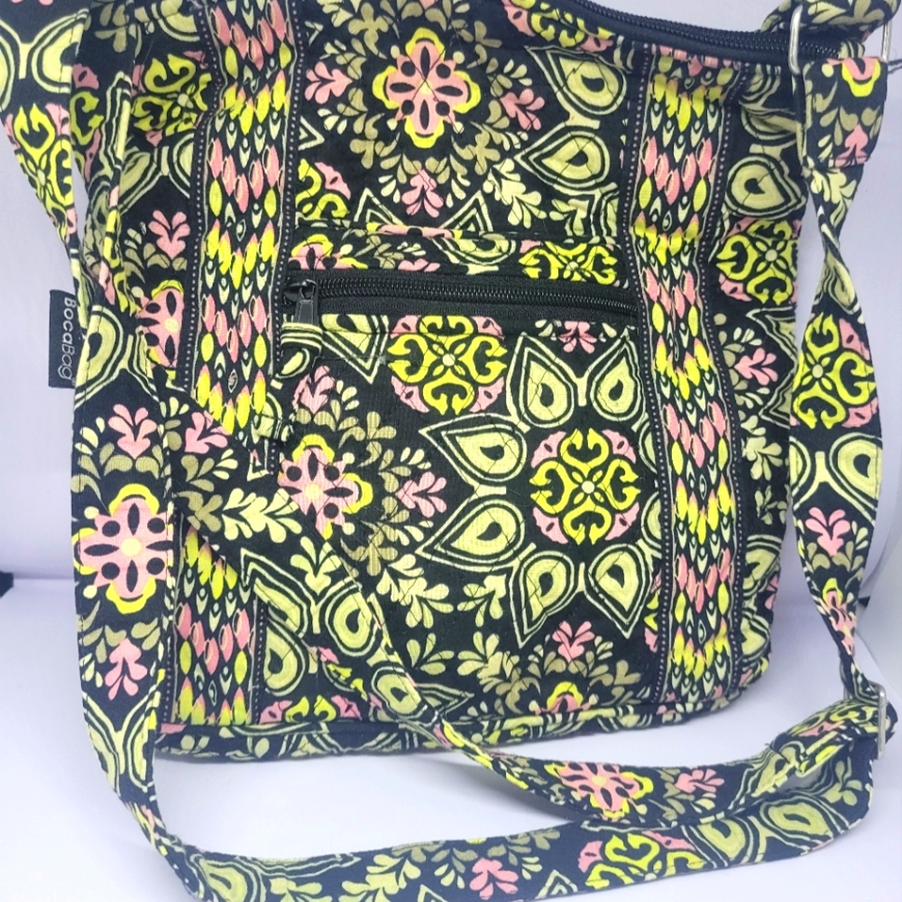Bocabag Pink Black Beige Cotton Fabric Shoulder Zippered Purse